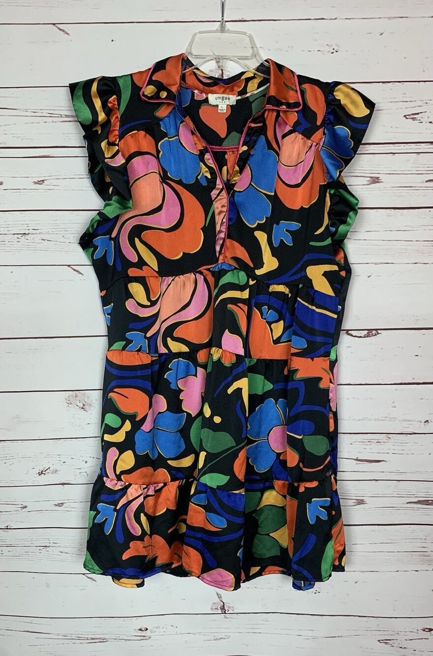 Umgee USA Boutique Women’s L Large Black Ruffle Short Sleeve Cute Colorful Dress